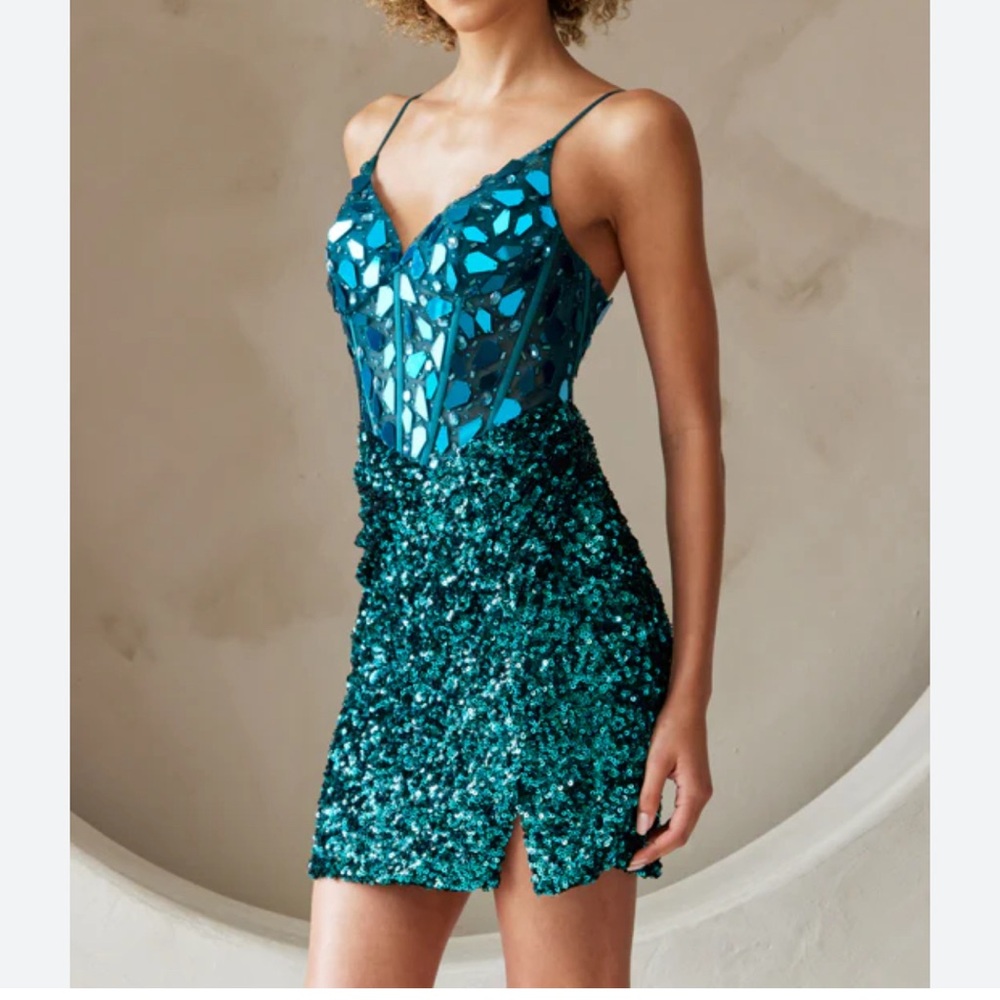 Jasz Couture 1200 Teal Green sequined mini dress size 2